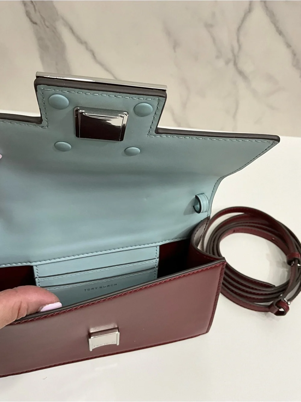 TORY BURCH Bon Bon Spazzolato Leather Mini Top Handle Crossbody Bag Burgundy